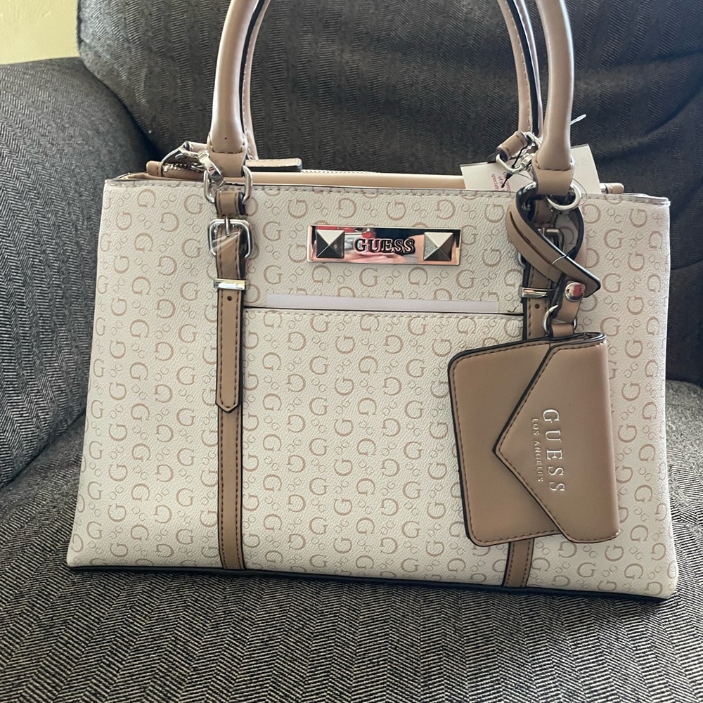 GUESS Monogram Beige and Tan Satchel